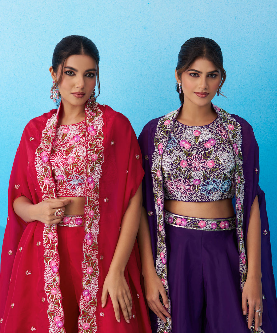 Purple Crepe Indo Western Crop Top Palazzo Set With Heavy Embroidery And Cape