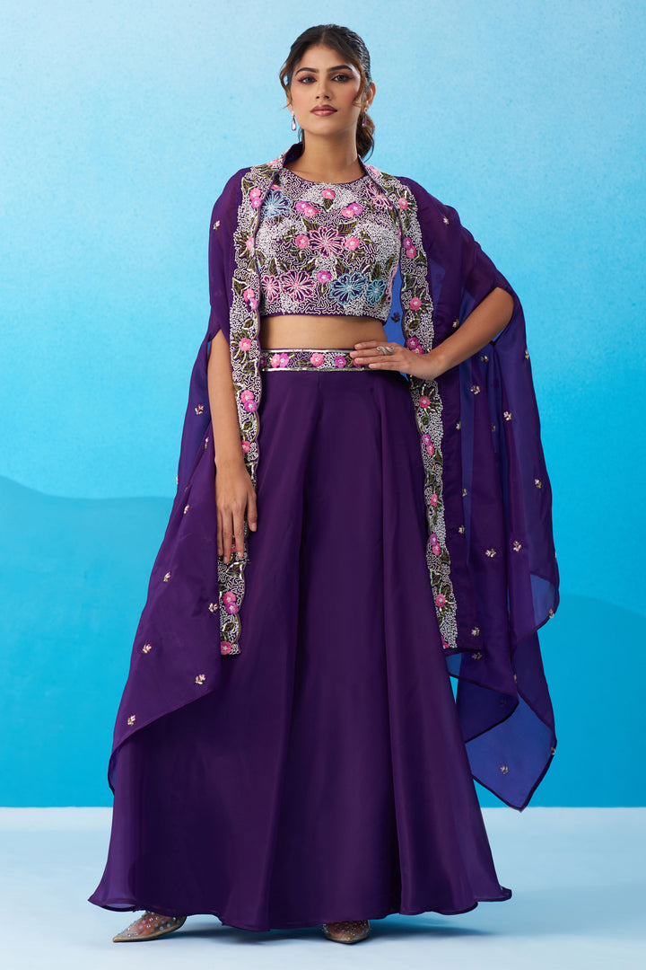 Purple Crepe Indo Western Crop Top Palazzo Set With Heavy Embroidery And Cape