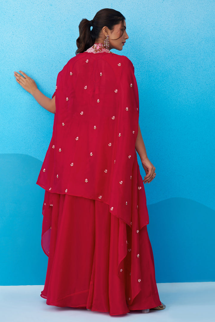 Graceful Crepe Embroidered Indo Western Crop Top With Palazzo And Flared Cape