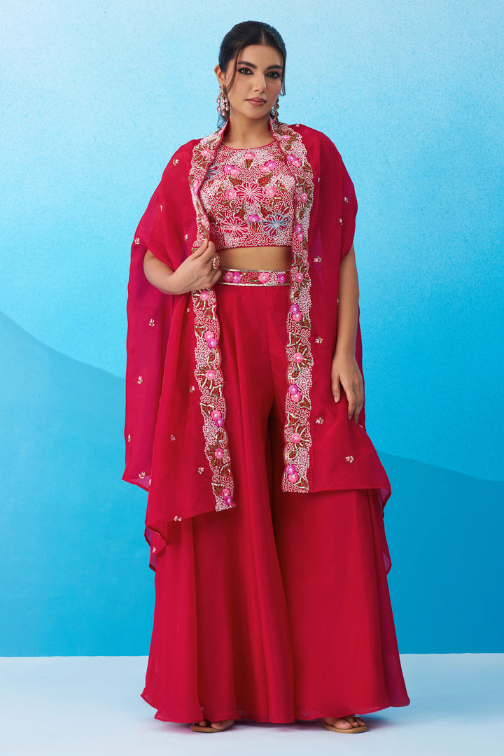 Graceful Crepe Embroidered Indo Western Crop Top With Palazzo And Flared Cape