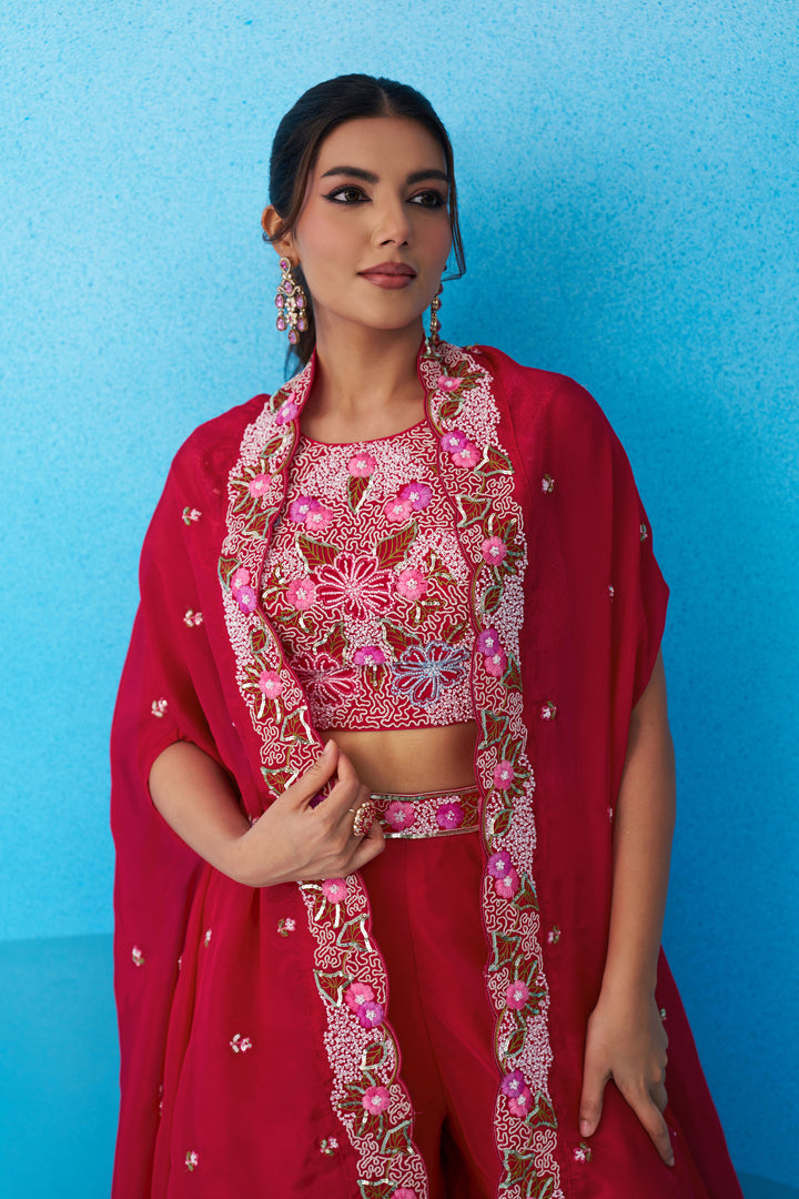 Graceful Crepe Embroidered Indo Western Crop Top With Palazzo And Flared Cape