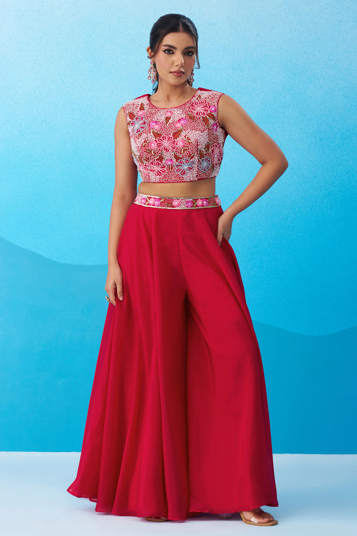Graceful Crepe Embroidered Indo Western Crop Top With Palazzo And Flared Cape