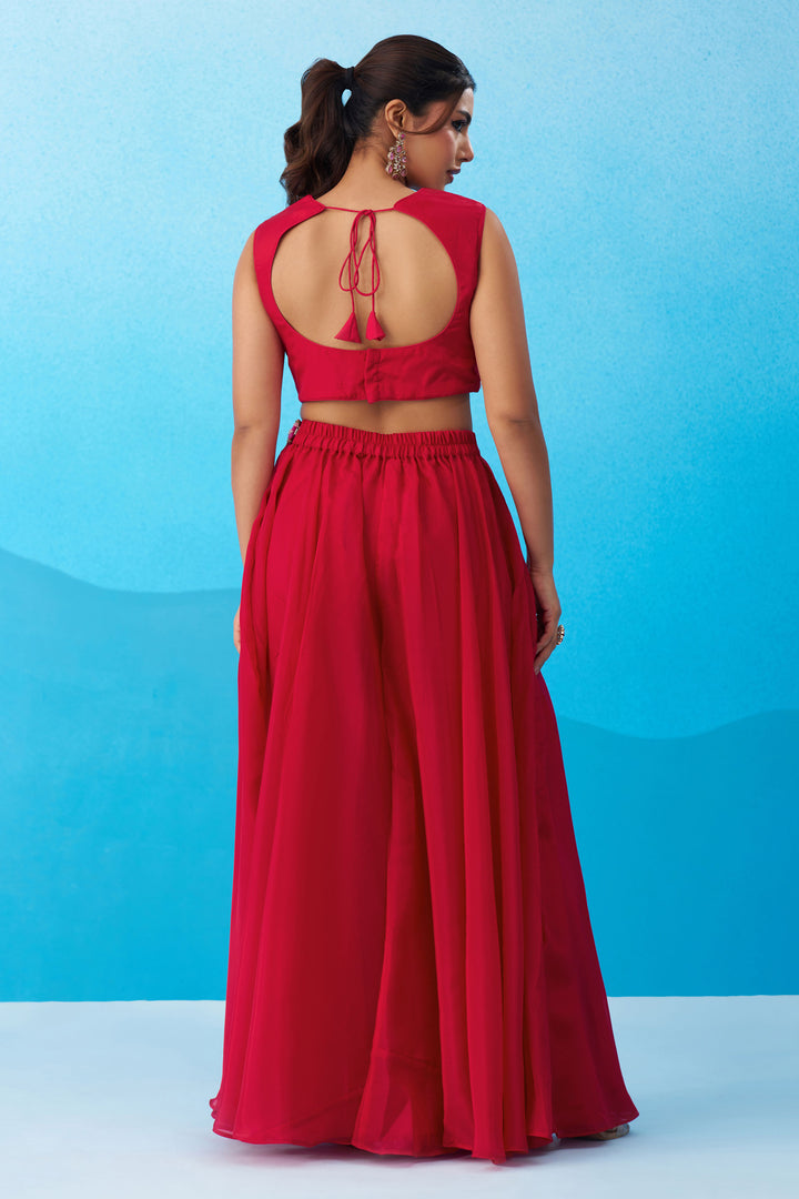 Graceful Crepe Embroidered Indo Western Crop Top With Palazzo And Flared Cape