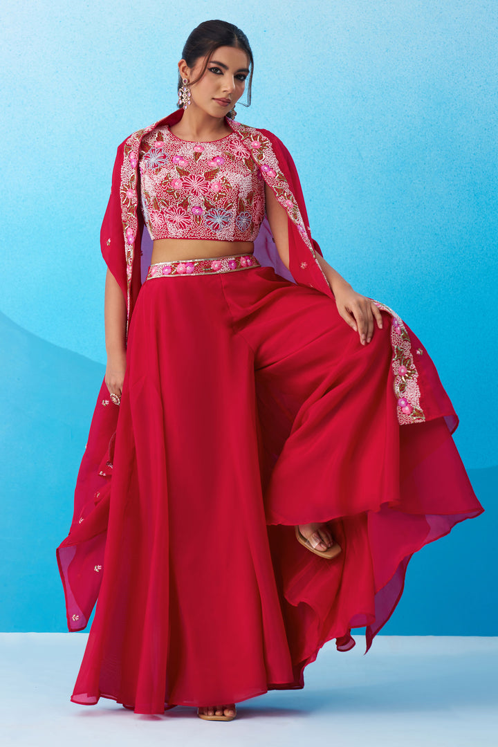 Graceful Crepe Embroidered Indo Western Crop Top With Palazzo And Flared Cape