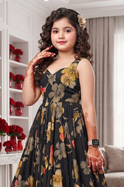 Black Heavy Rayon Digital Printed Kid's Girls Gown