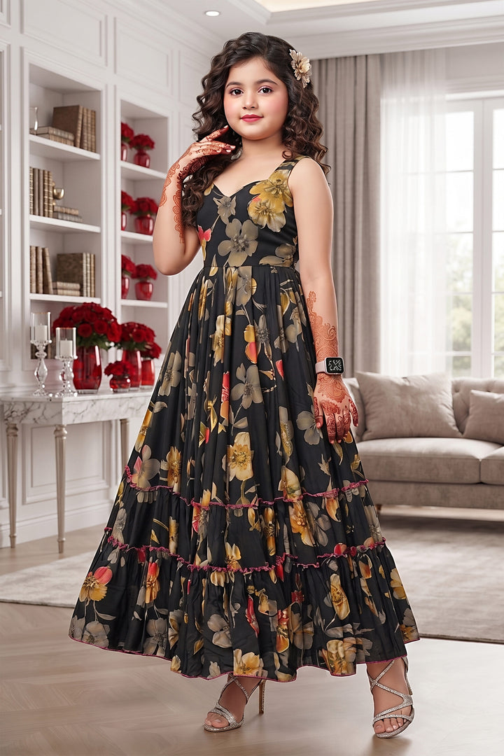 Black Heavy Rayon Digital Printed Kid's Girls Gown