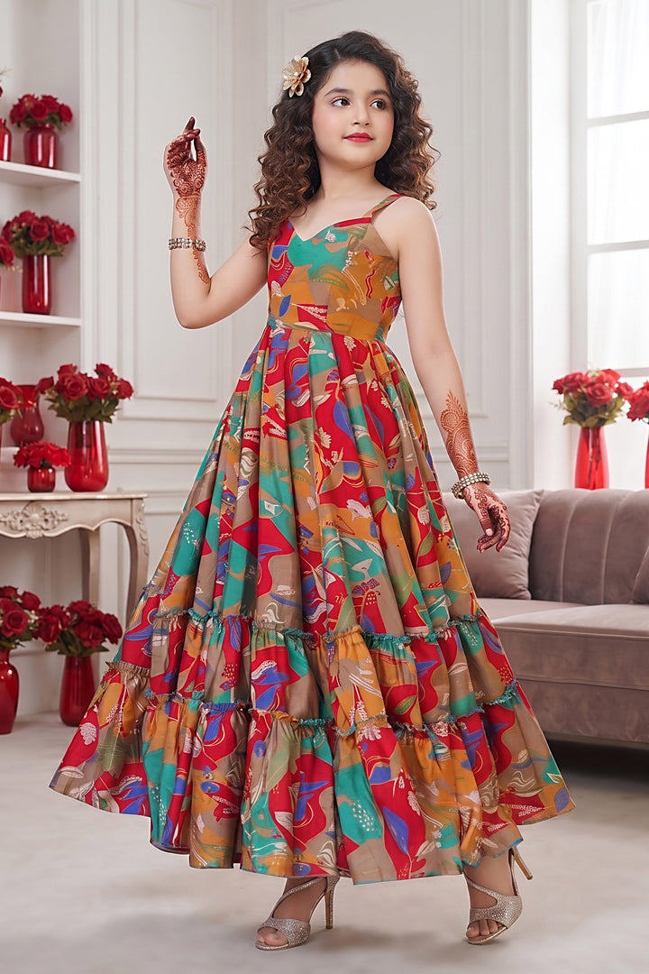 Multi Color Digital Print Rayon Gown Kids Wear