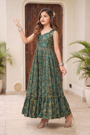 Teal Printed Gown For Kids