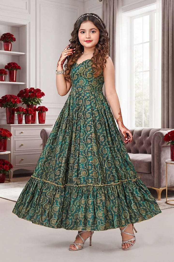 Teal Printed Gown For Kids