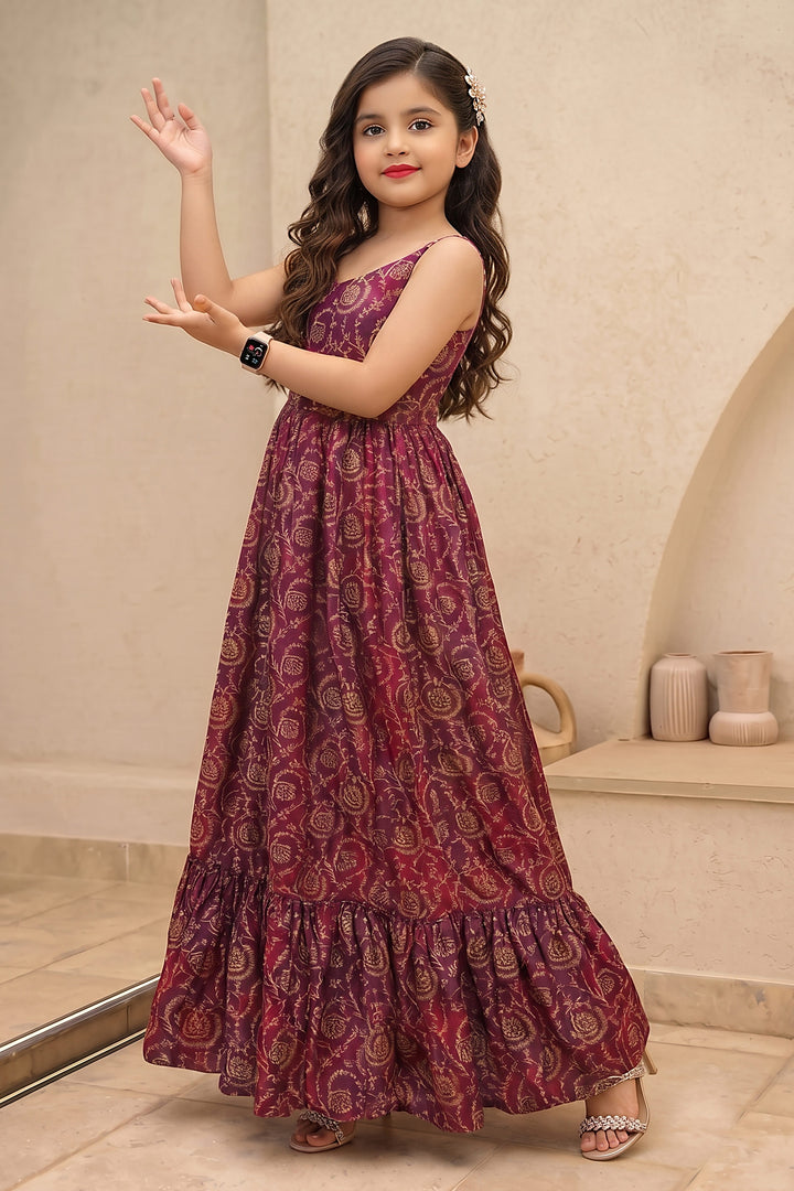 Kids Girls Purple Digital Printed Rayon Gown For Festive Wear