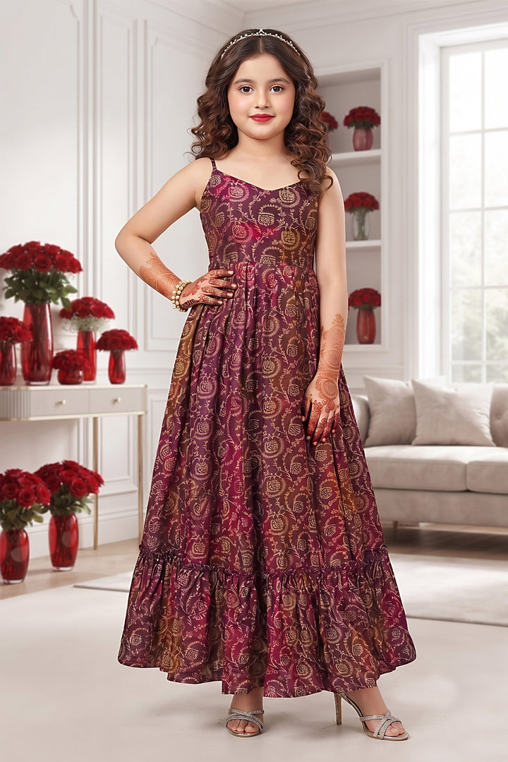Kids Girls Purple Digital Printed Rayon Gown For Festive Wear