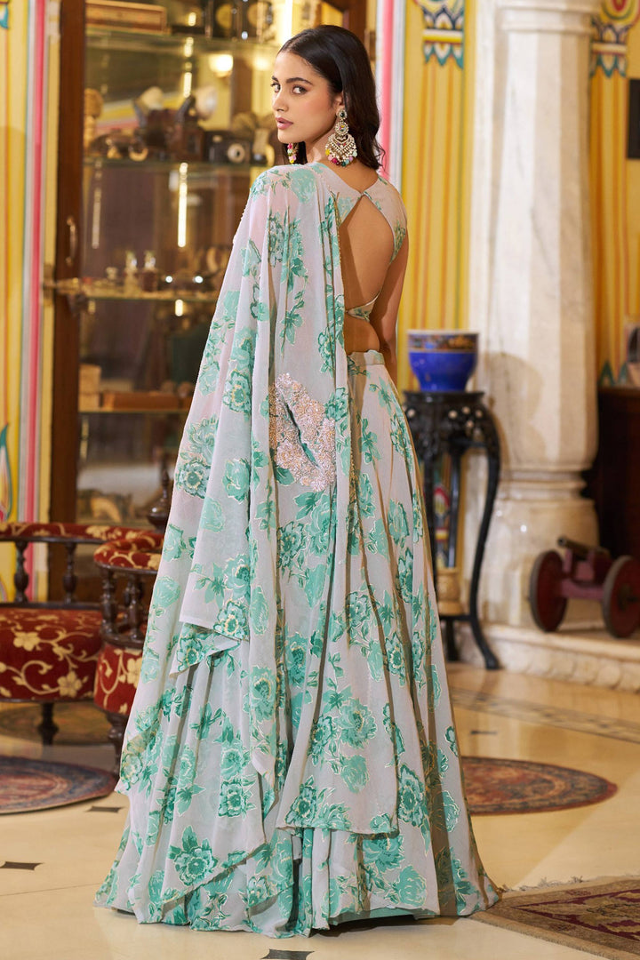 Floral Printed Georgette Readymade Lehenga Choli Cape Style Dupatta