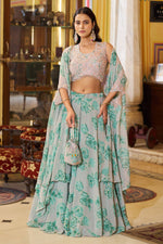 Load image into Gallery viewer, Floral Printed Georgette Readymade Lehenga Choli Cape Style Dupatta