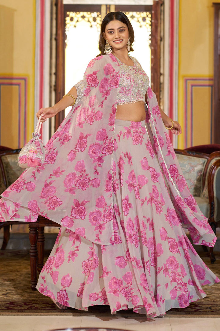 Floral Printed Georgette Readymade Lehenga Cape Style Dupatta