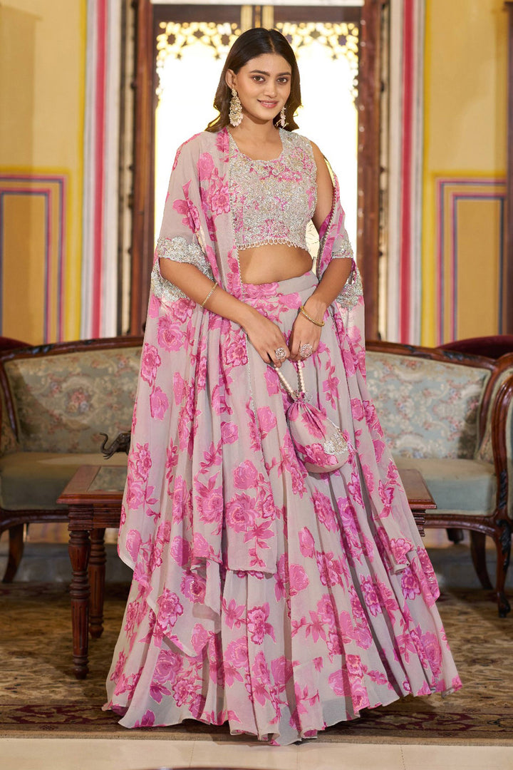 Floral Printed Georgette Readymade Lehenga Cape Style Dupatta