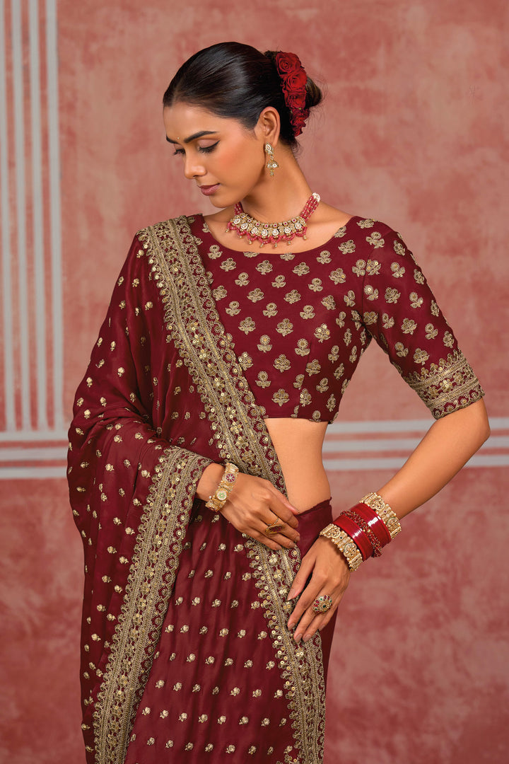 Designer Sequins Work Maroon Silk Saree With Heavy Blouse
