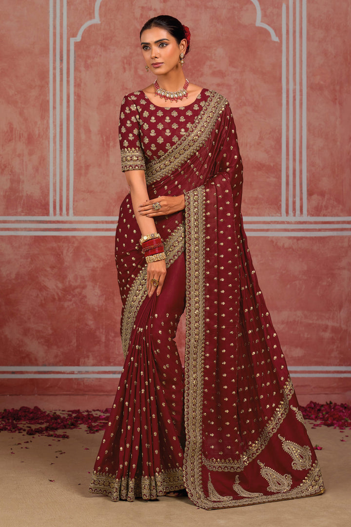 Designer Sequins Work Maroon Silk Saree With Heavy Blouse