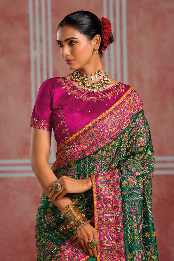 Designer Kachhi Work Dark Green Wedding Wear Silk Saree With Heavy Blouse