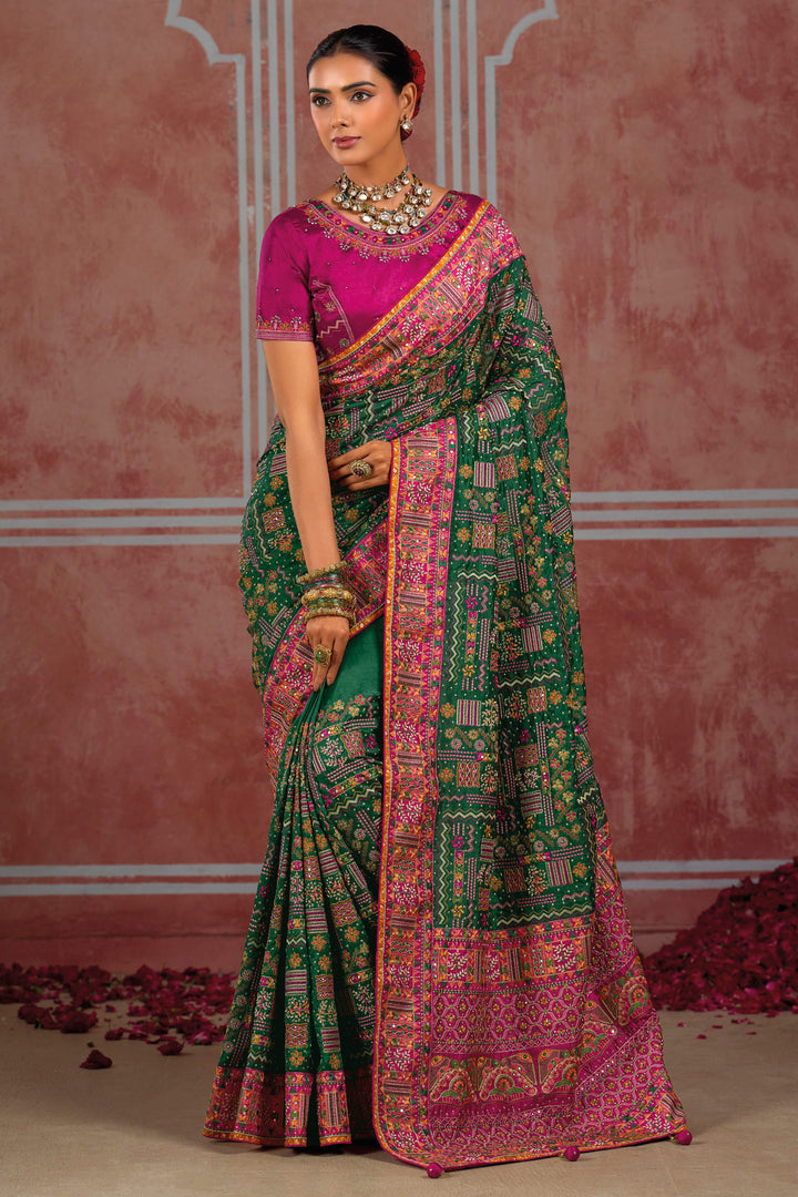 Designer Kachhi Work Dark Green Wedding Wear Silk Saree With Heavy Blouse