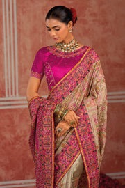 Beige Kachhi Work Designer Silk Saree