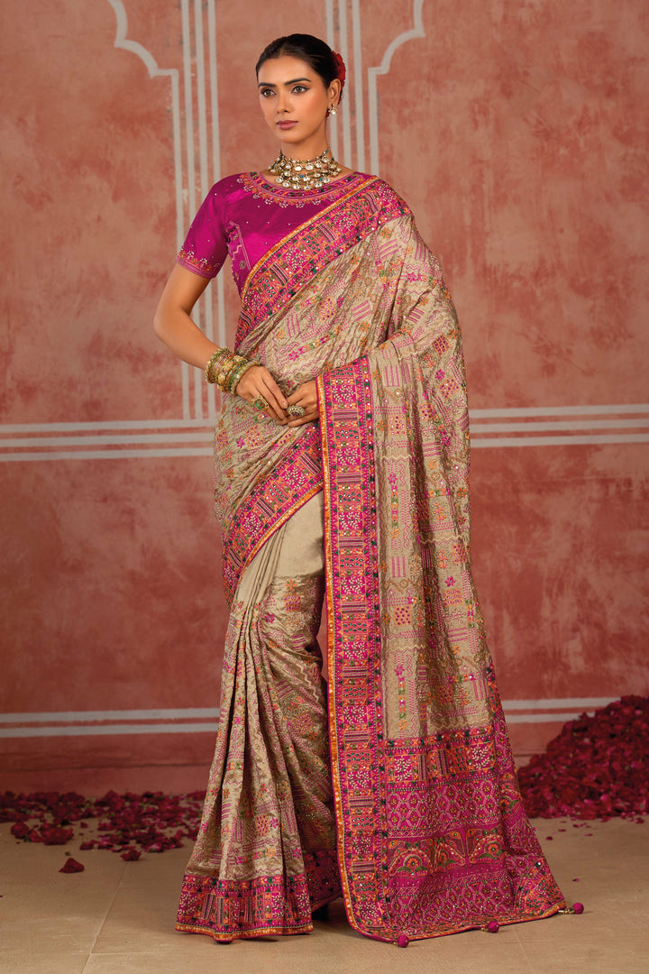 Beige Kachhi Work Designer Silk Saree