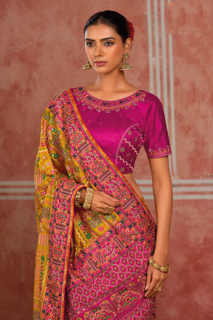 Designer Kachhi Work Mustard Silk Saree