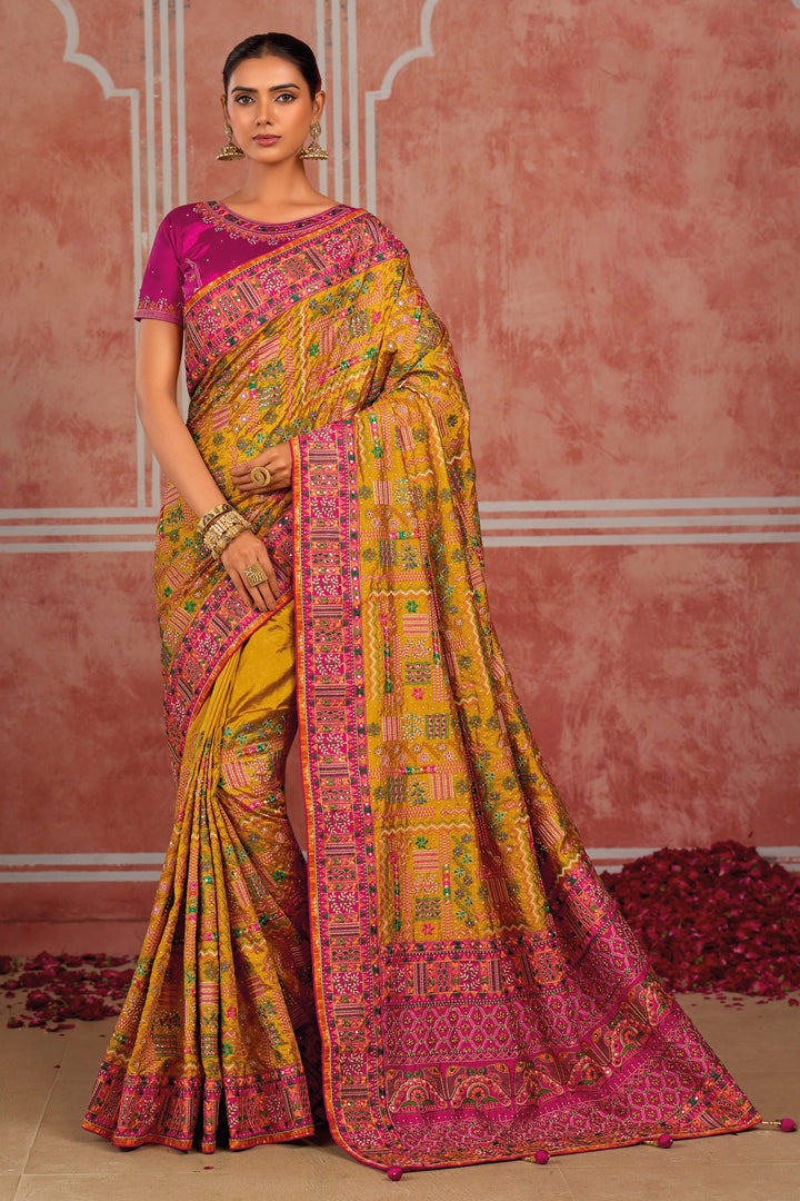 Designer Kachhi Work Mustard Silk Saree