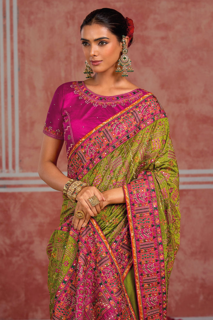 Kachhi Work Green Designer Silk Saree
