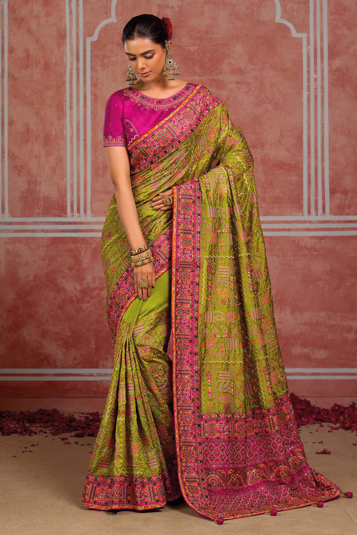 Kachhi Work Green Designer Silk Saree