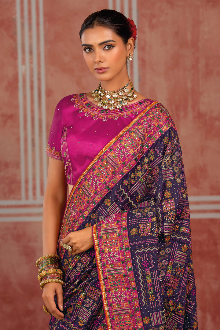 Silk Purple Kachhi Work Saree