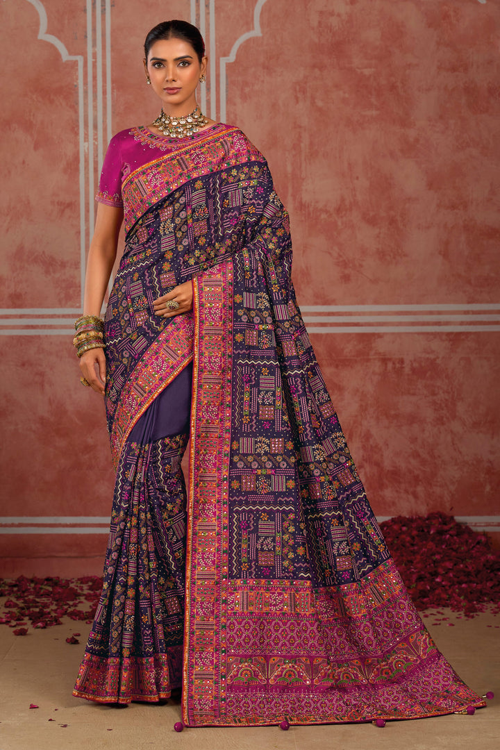 Silk Purple Kachhi Work Saree