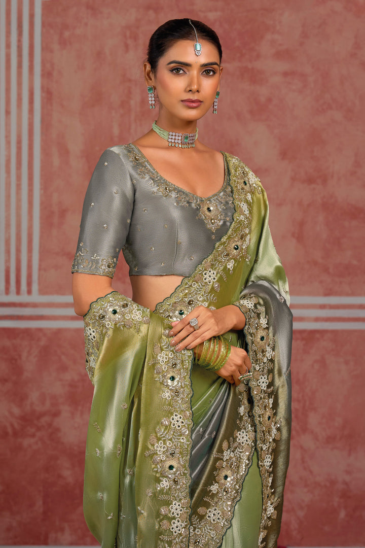 Women's Silk Heavy Cutdana Work Grey Saree With Unstitched Blouse
