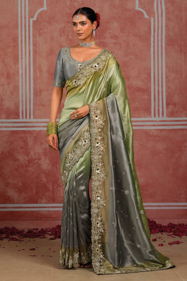 Women's Silk Heavy Cutdana Work Grey Saree With Unstitched Blouse