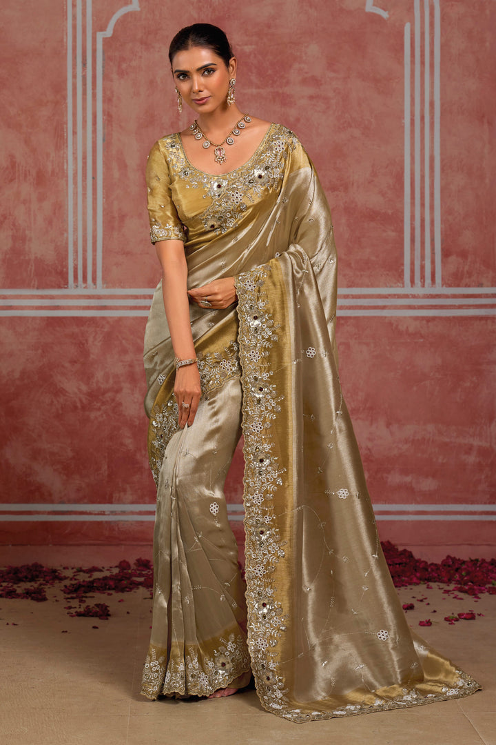 Silk Heavy Cutdana Work Designer Cream Saree