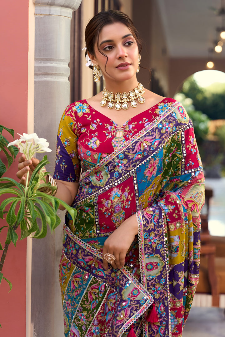 Embroidered Mirror Work Fancy Fabric Multi Color Designer Saree