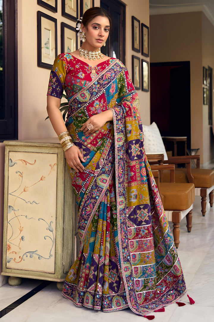 Embroidered Mirror Work Fancy Fabric Multi Color Designer Saree