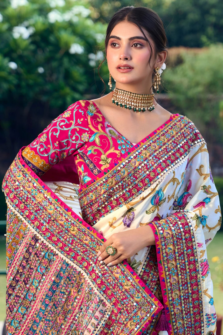Fancy Fabric Heavy Embroidered Mirror Work Designer White Saree