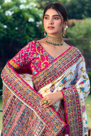 Fancy Fabric Heavy Embroidered Mirror Work Designer White Saree