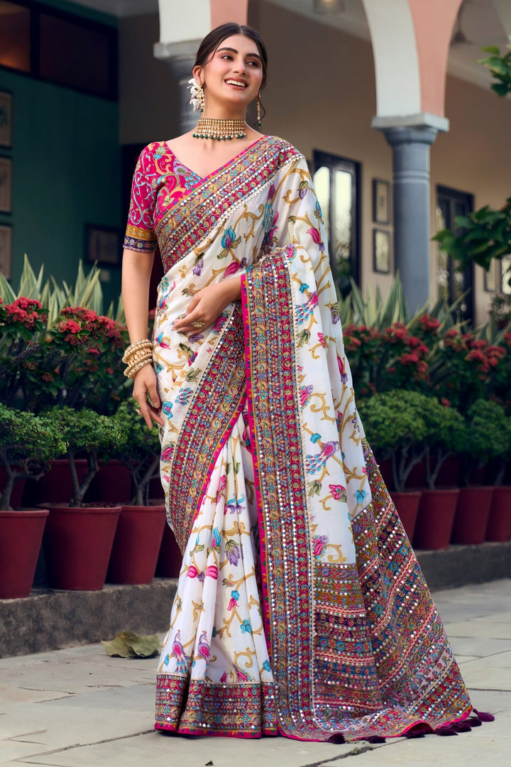 Fancy Fabric Heavy Embroidered Mirror Work Designer White Saree