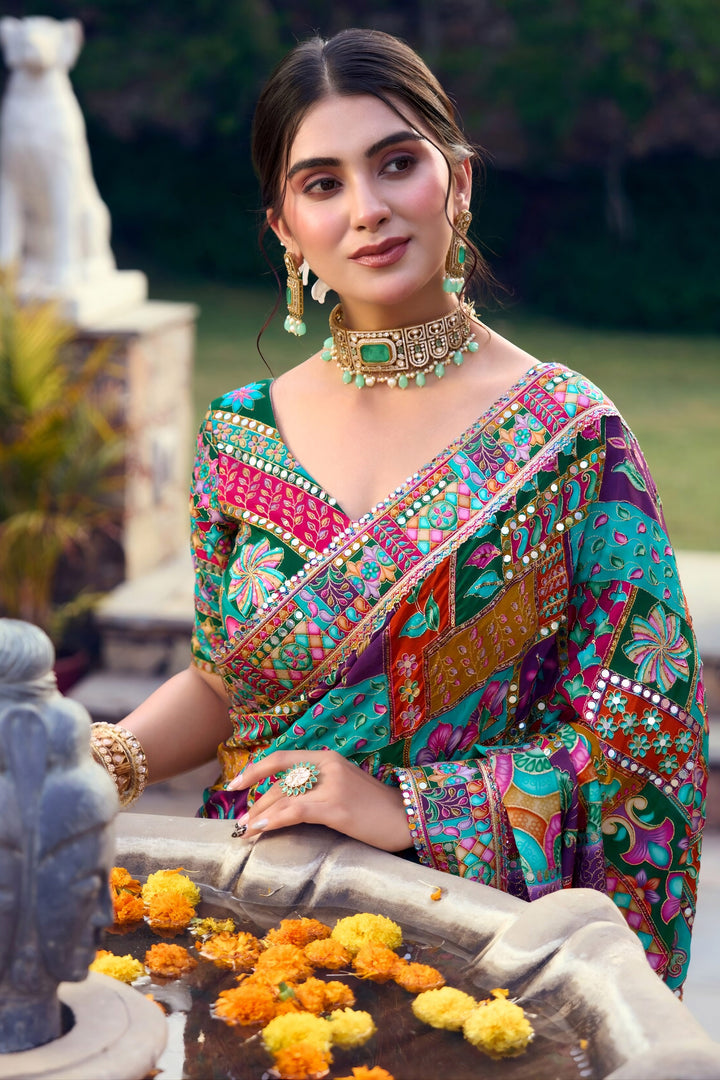 Designer Embroidered Mirror Work Multi Color Fancy Fabric Saree With Heavy Blouse