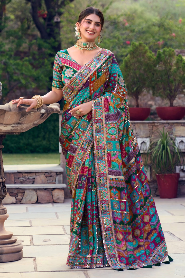 Designer Embroidered Mirror Work Multi Color Fancy Fabric Saree With Heavy Blouse