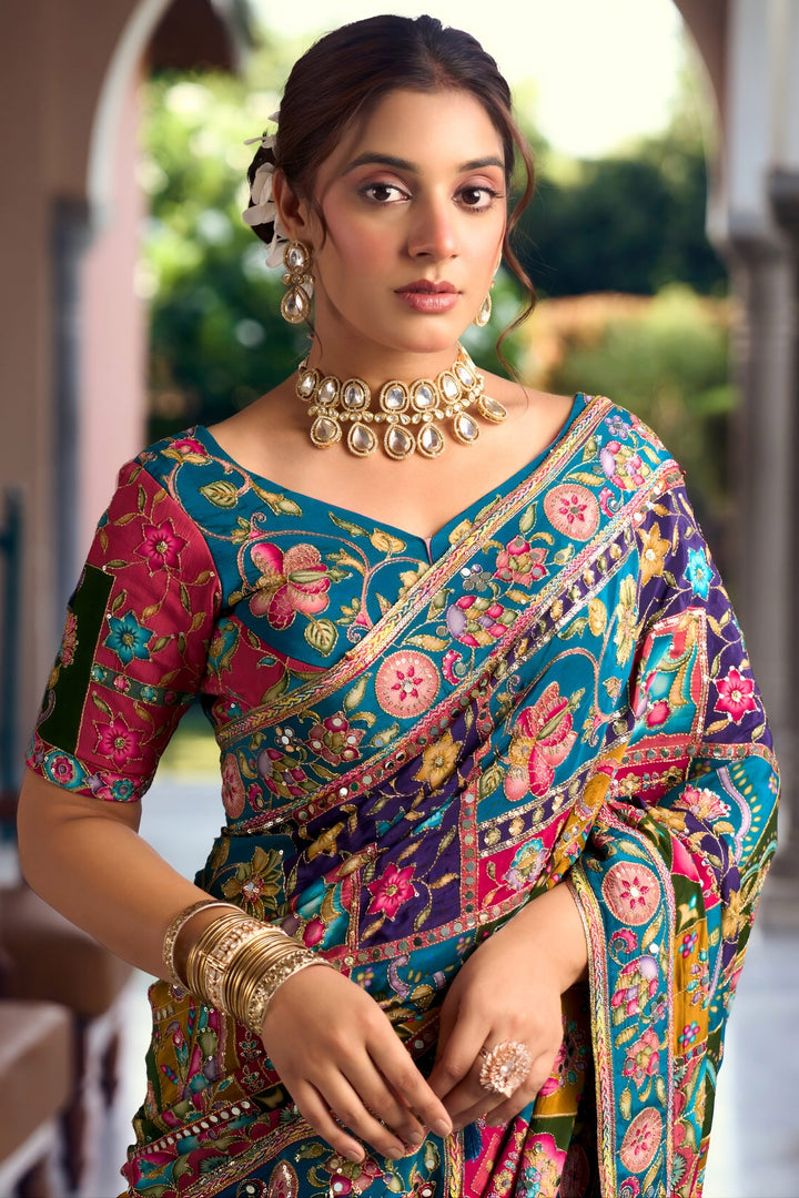 Fancy Fabric Embroidered Mirror Work Multi Color Designer Saree