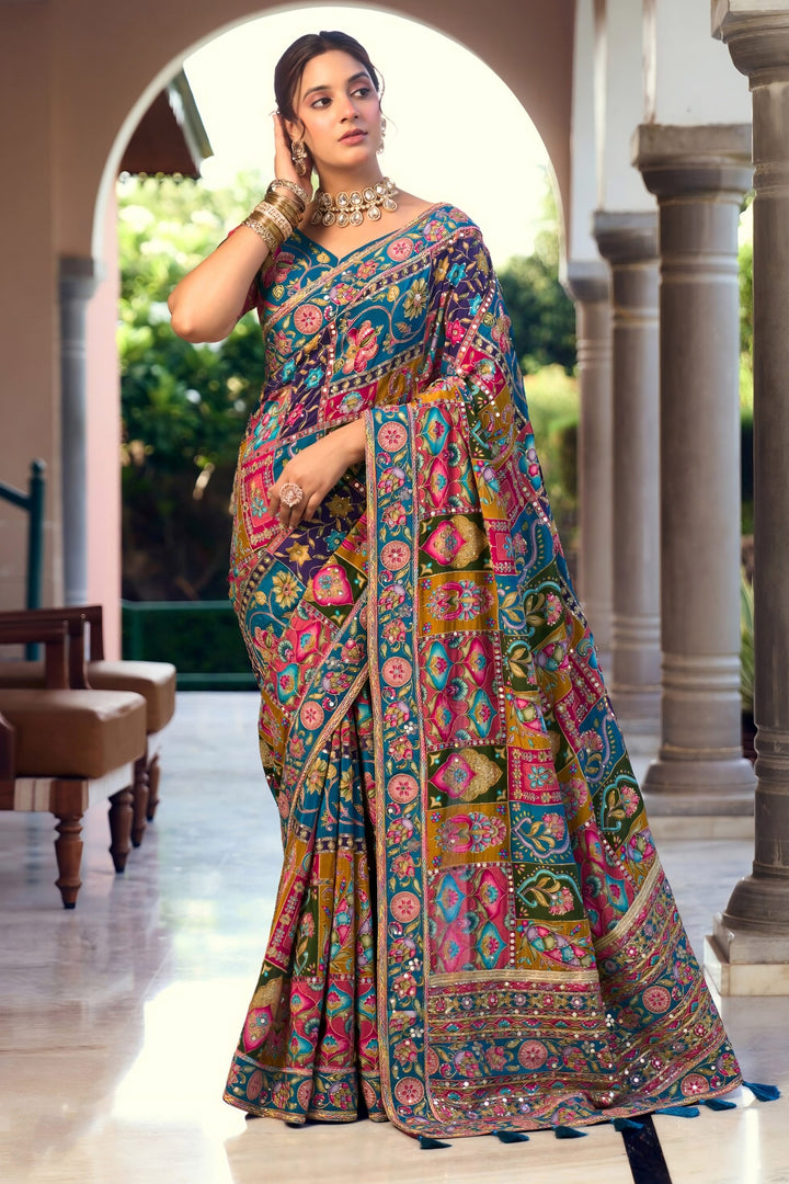 Fancy Fabric Embroidered Mirror Work Multi Color Designer Saree