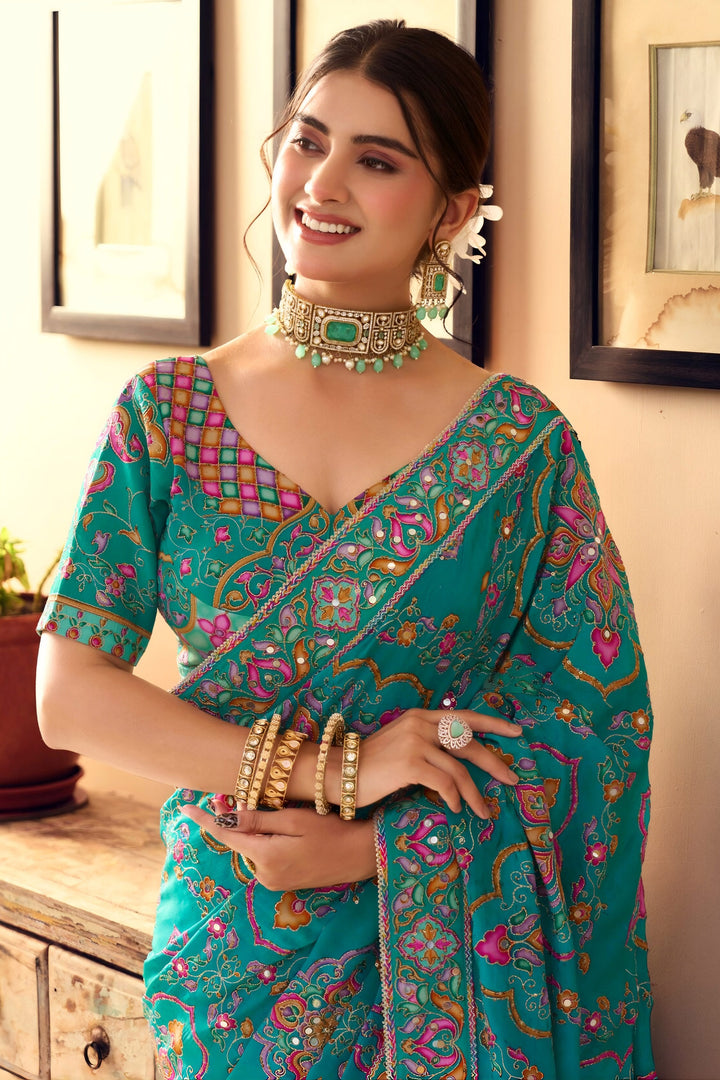 Embroidered Mirror Work Teal Fancy Fabric Saree