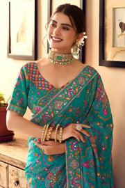 Embroidered Mirror Work Teal Fancy Fabric Saree