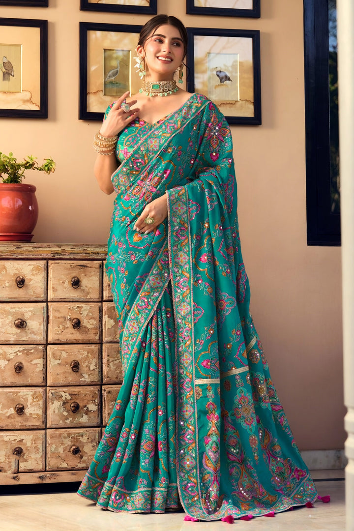 Embroidered Mirror Work Teal Fancy Fabric Saree