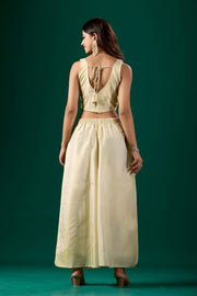 Tissue Silk Embroidered Beige Indo Western Crop Top Palazzo Set With Jacket