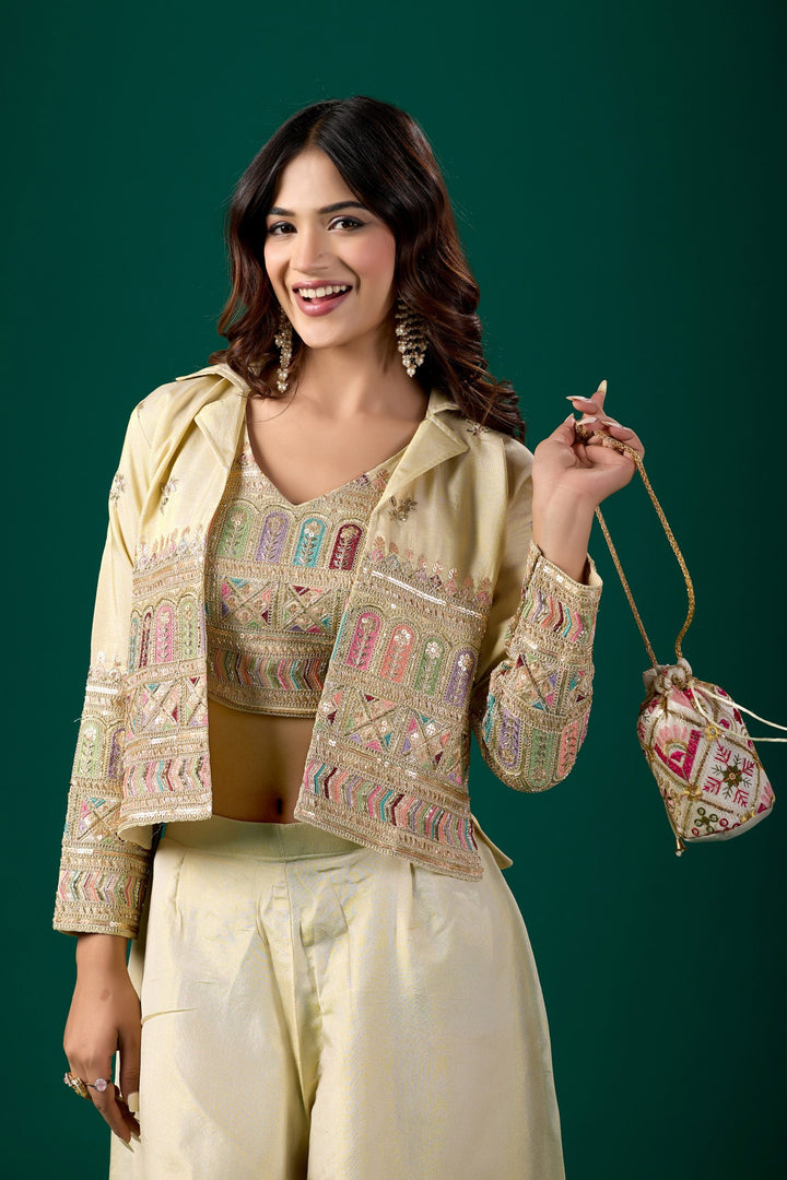 Tissue Silk Embroidered Beige Indo Western Crop Top Palazzo Set With Jacket