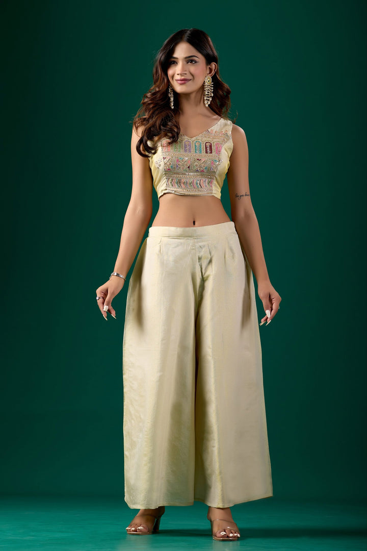 Tissue Silk Embroidered Beige Indo Western Crop Top Palazzo Set With Jacket
