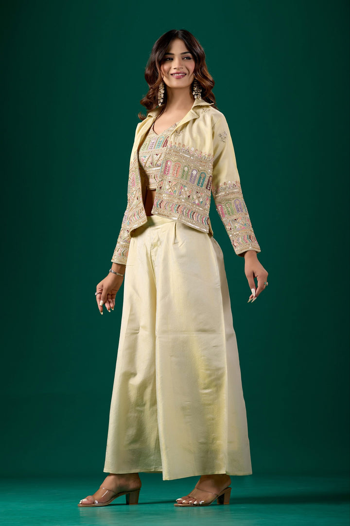 Tissue Silk Embroidered Beige Indo Western Crop Top Palazzo Set With Jacket